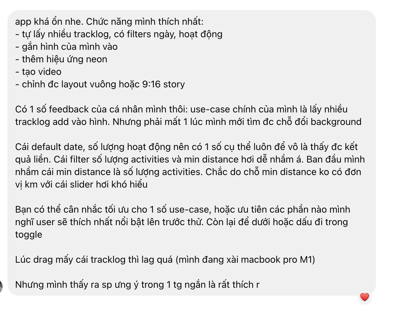 Phản hồi chi tiết của người dùng về tính năng yêu thích, bộ lọc khó hiểu và độ trễ khi kéo nhiều tuyến đường